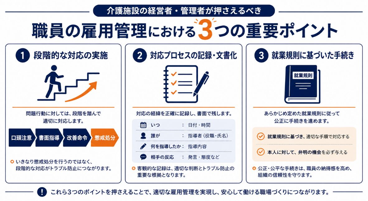 介護施設の経営者・管理者が抑えるべき職員の雇用管理における3つの重要ポイント