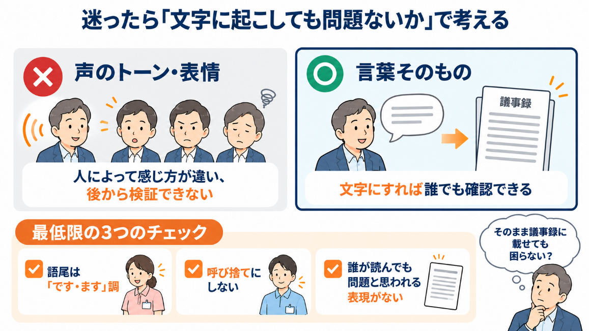 迷ったら「文字に起こしても問題ないか」で考える